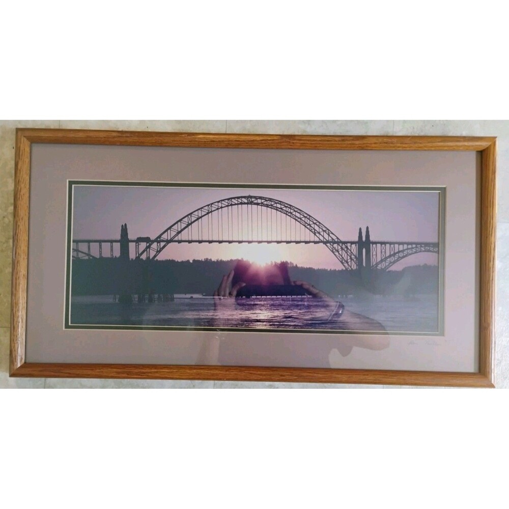 Vintage Ron Keebler Signed Yaquina Bay Bridge Panoramic Photo Framed Oregon Art